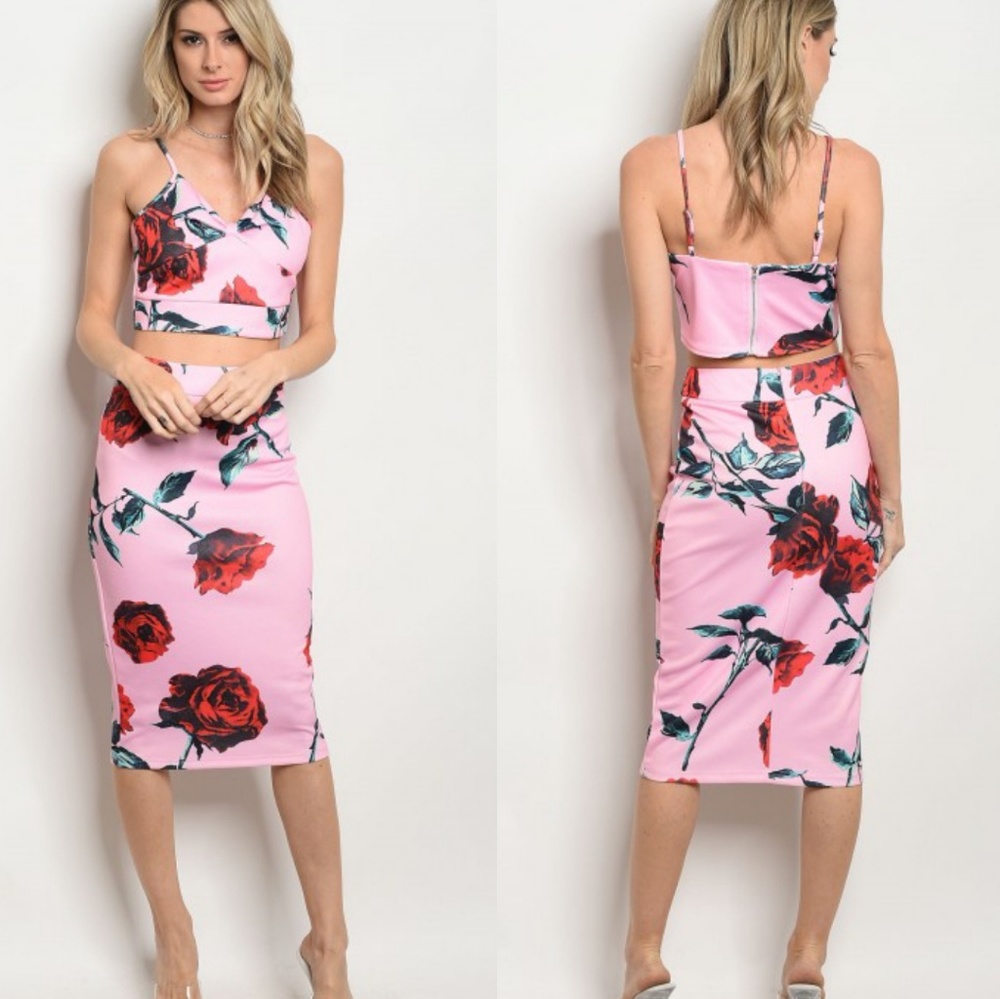 PINK RED FLORAL TOP & SKIRT SET